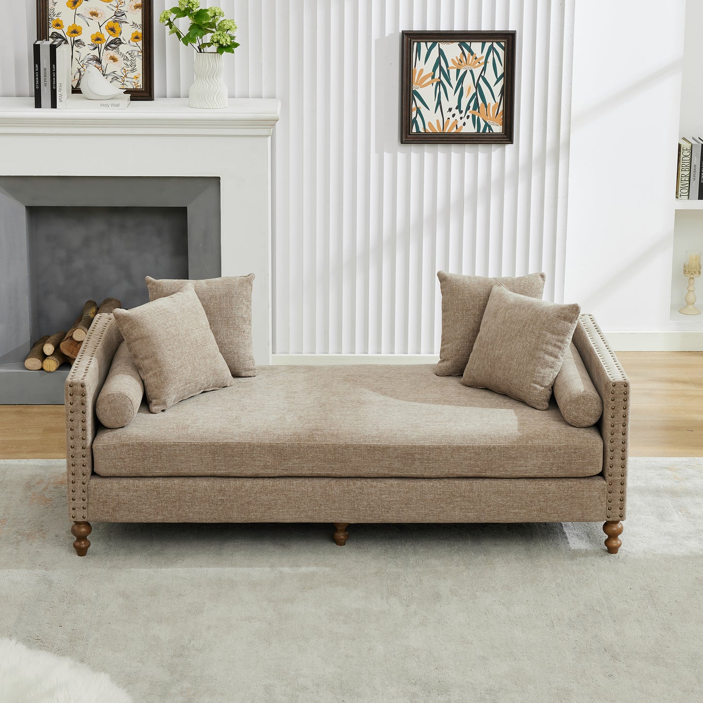 75.2'' Wide Upholstered Chaise Lounge Indoor with Nailheads,Sleeper Sofa Couch With 4 Throw Pillows&2 Bolsters,Daybed with Rubberwood Legs For Living Room,Bedroom, Apartment,Guestroom,Taupe Chenille