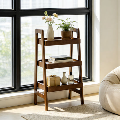 Mid-Century Walnut Solid Wood Ladder Shelf for Small Bedroom Storage