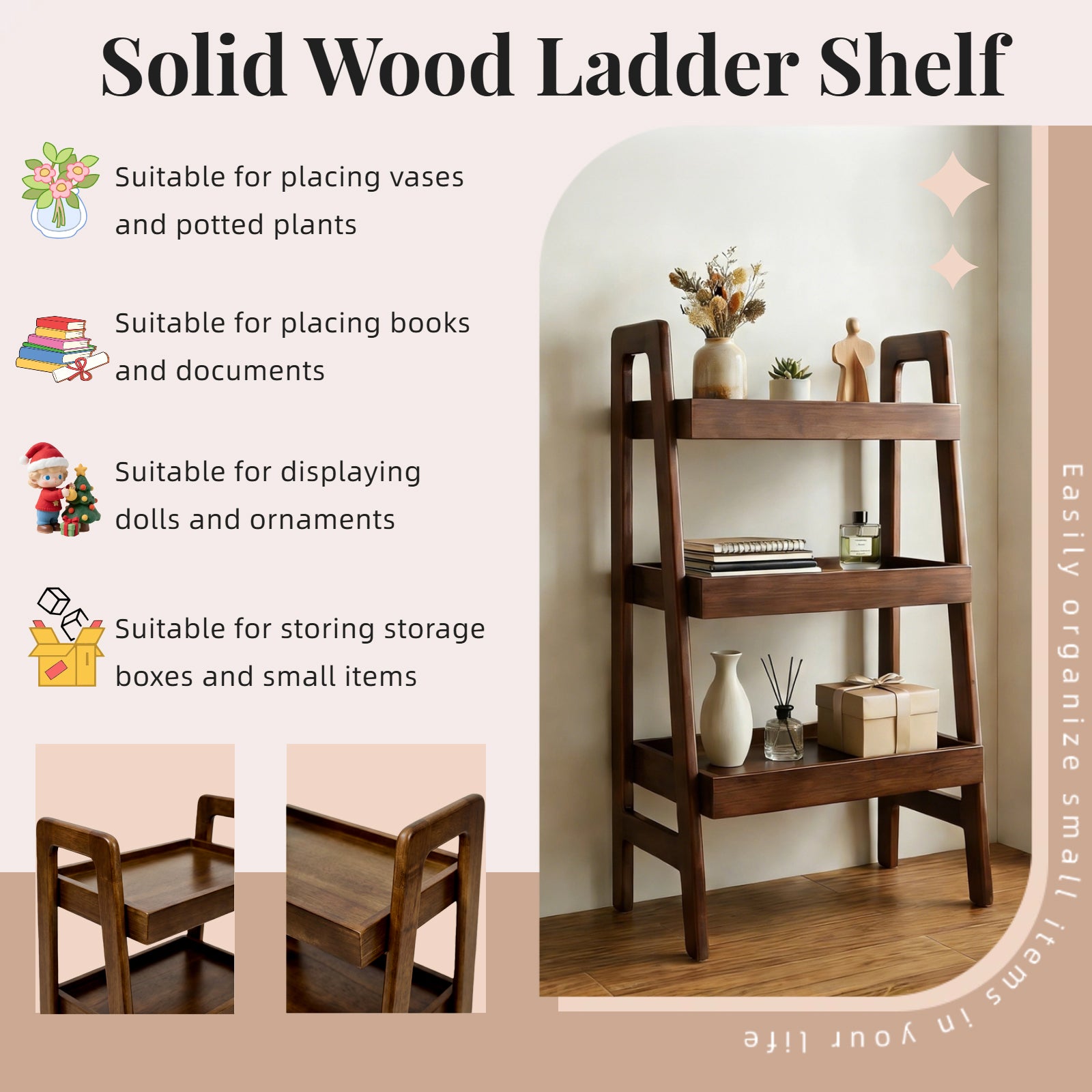 Mid-Century Walnut Solid Wood Ladder Shelf for Small Bedroom Storage