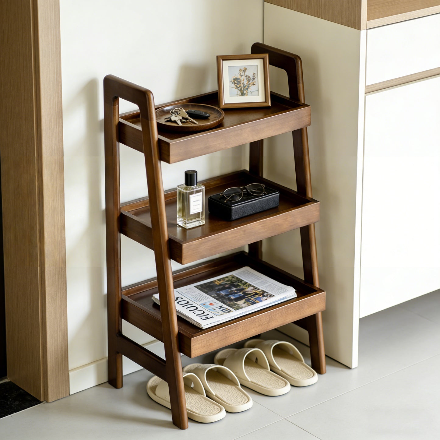 Mid-Century Walnut Solid Wood Ladder Shelf for Small Bedroom Storage