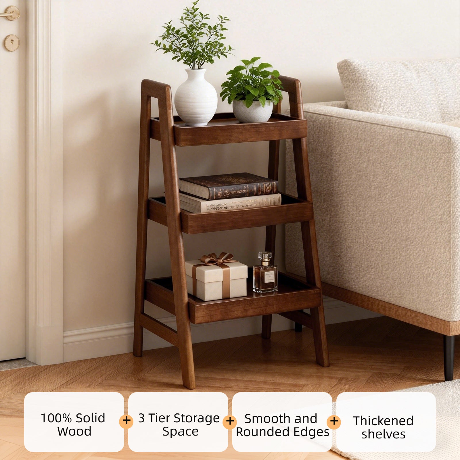 Mid-Century Walnut Solid Wood Ladder Shelf for Small Bedroom Storage