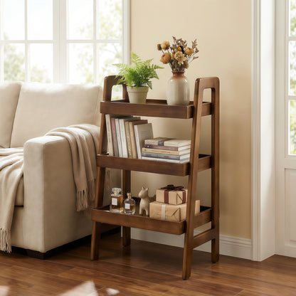 Mid-Century Walnut Solid Wood Ladder Shelf for Small Bedroom Storage