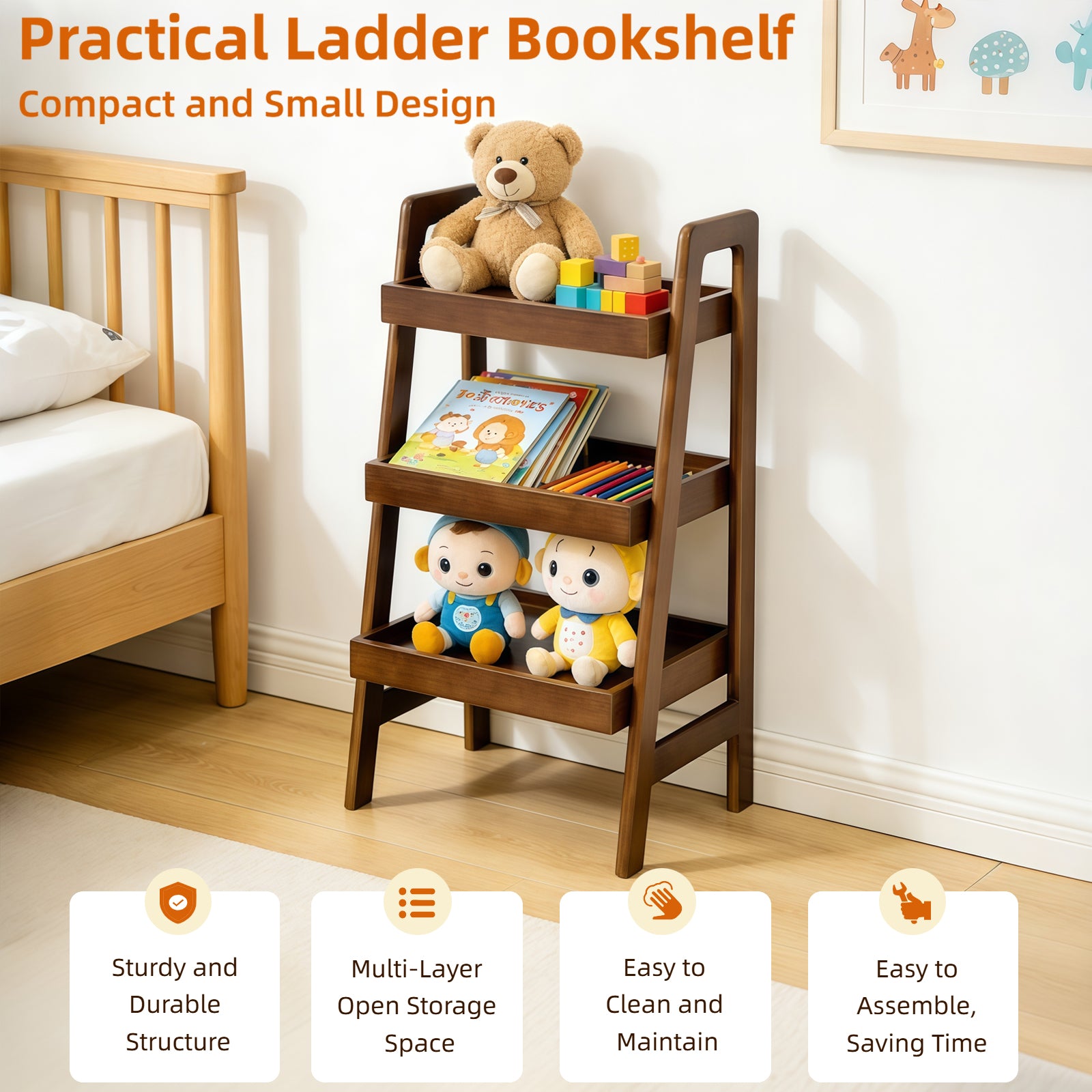 Mid-Century Walnut Solid Wood Ladder Shelf for Small Bedroom Storage