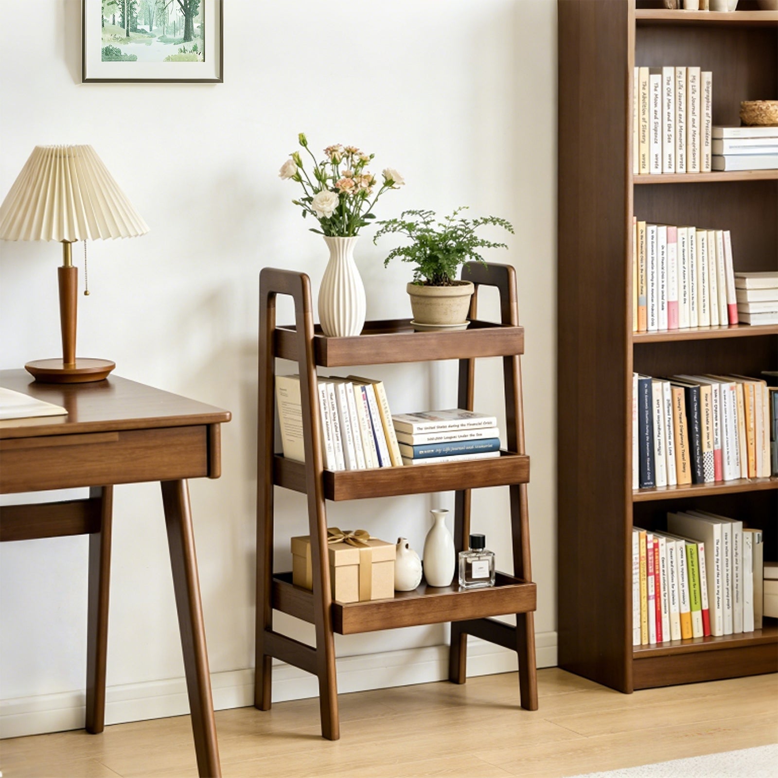 100% Solid Wood Ladder Shelf, 3 Tier Small Ladder Bookshelf, Freestanding Ladder Shelf with Open Storage,Side Table for Living Room, Bedroom, Study, Home Office, Saving Space, Walnut