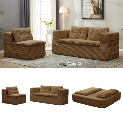 Multi Functional Sectional Sofa Bed with Independent Chaise Lounge and Functional Blanket,Plush Corduroy Sofa Couch,Convertible Sofa Bed,80" King Size Bed,Deep Seat Sofa,Camel
,old sku:W3219P339468