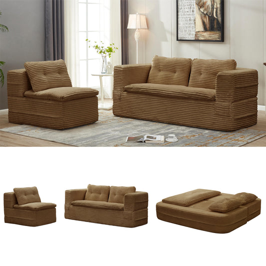 Multi Functional Sectional Sofa Bed with Independent Chaise Lounge and Functional Blanket,Plush Corduroy Sofa Couch,Convertible Sofa Bed,80" King Size Bed,Deep Seat Sofa,Camel
,old sku:W3219P339468