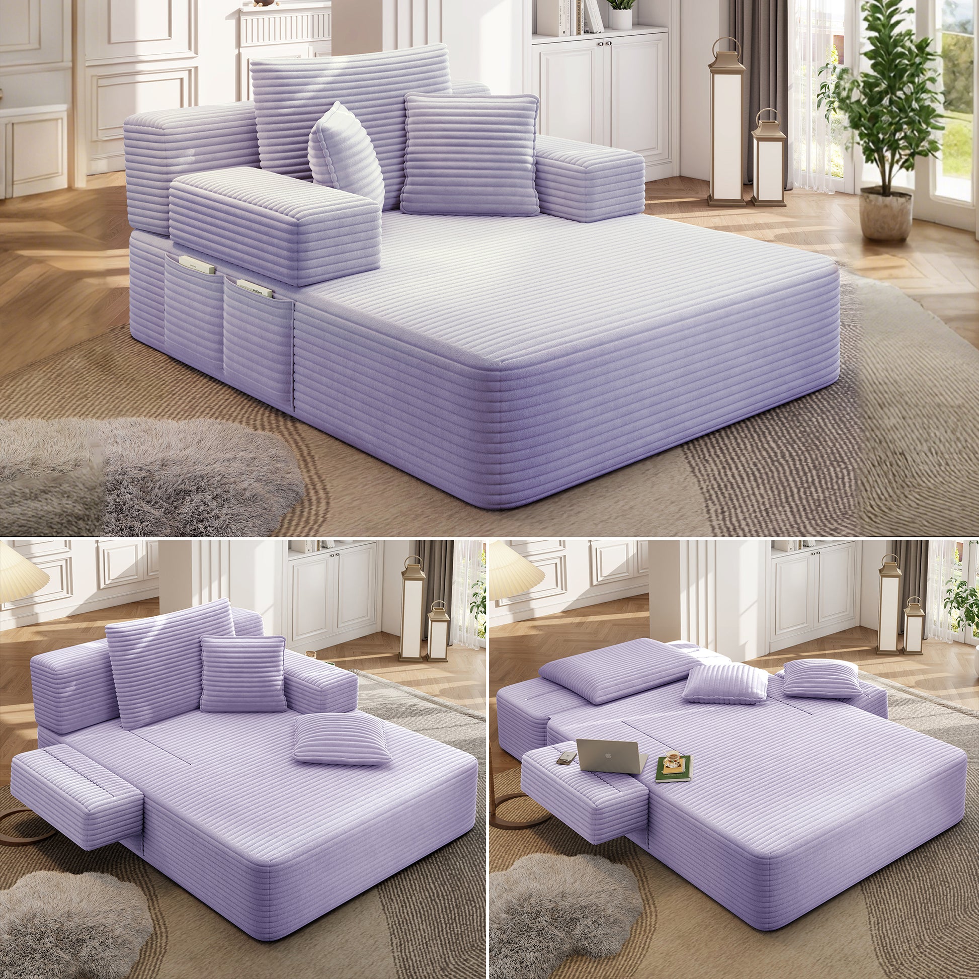 Luxurious Plush Corduroy Chaise Lounge with 3 Pillows, Convertible Sofa Bed with Storage Pocket, Frameless Design & Compression Foam for Small Spaces, Living Room, Apartment,Purple
