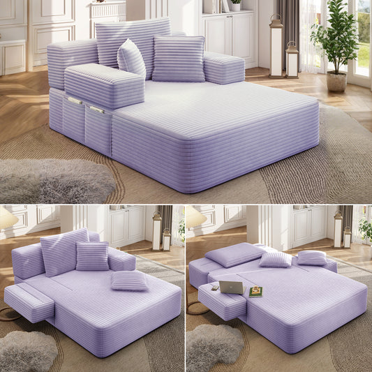 Luxurious Plush Corduroy Chaise Lounge with 3 Pillows, Convertible Sofa Bed with Storage Pocket, Frameless Design & Compression Foam for Small Spaces, Living Room, Apartment,Purple