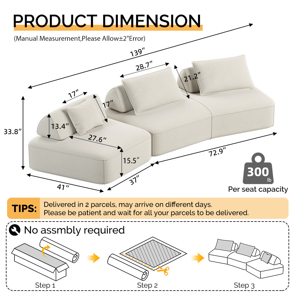 139" Beige Modular Sectional Sofa - Deep Seat Couch & Sofa Bed for Living Room