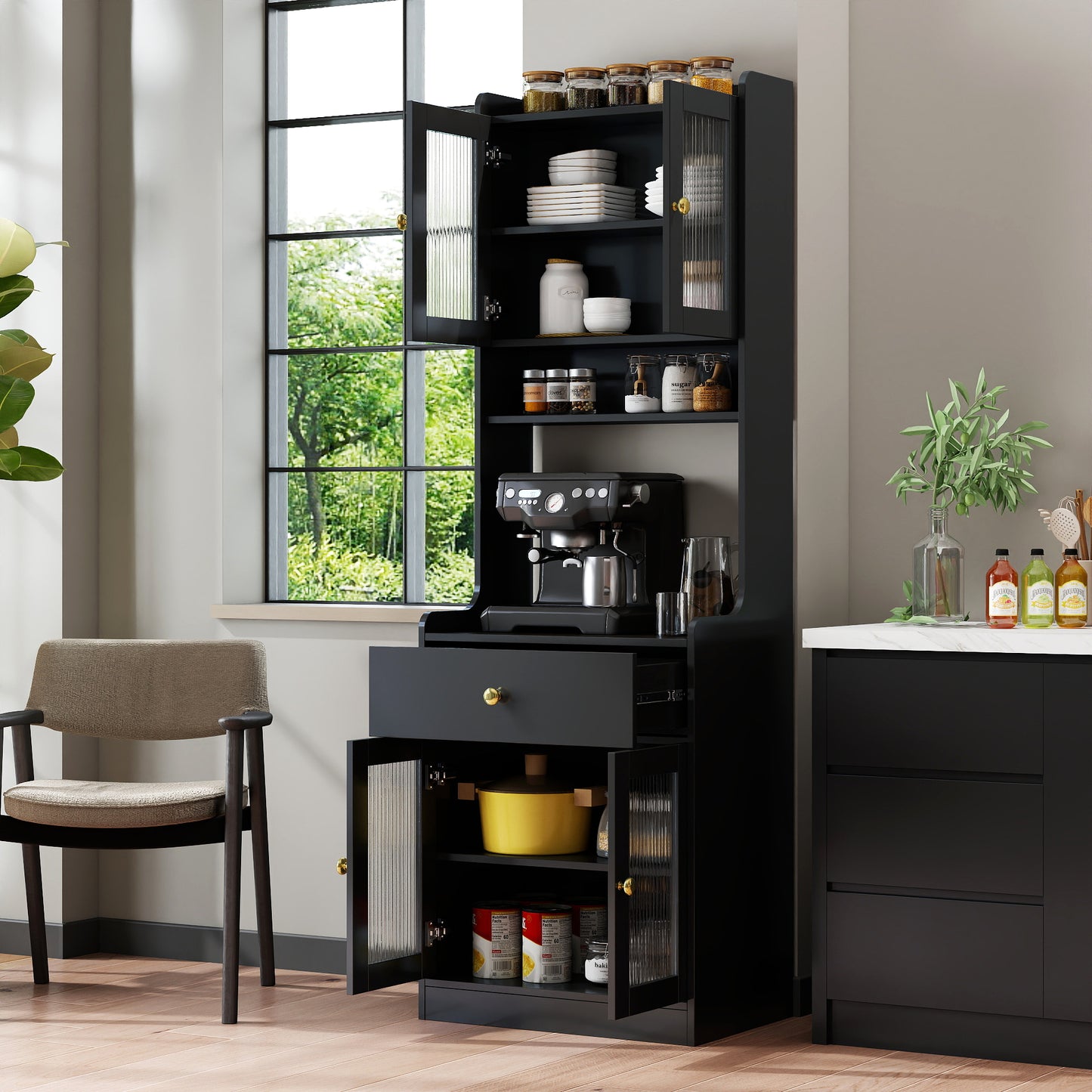 Black Kitchen Pantry Hutch Storage Cabinet, Farmhouse Kitchen Hutch Buffet Cabinet with Microwave Stand, Freestanding Buffet Sideboard Coffee Bar Cabinet