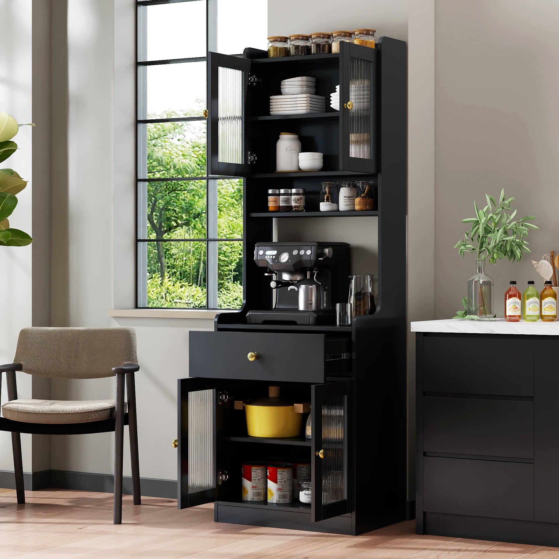 Black Kitchen Pantry Hutch Storage Cabinet, Farmhouse Kitchen Hutch Buffet Cabinet with Microwave Stand, Freestanding Buffet Sideboard Coffee Bar Cabinet