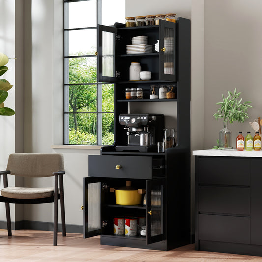 Black Kitchen Pantry Hutch Storage Cabinet, Farmhouse Kitchen Hutch Buffet Cabinet with Microwave Stand, Freestanding Buffet Sideboard Coffee Bar Cabinet