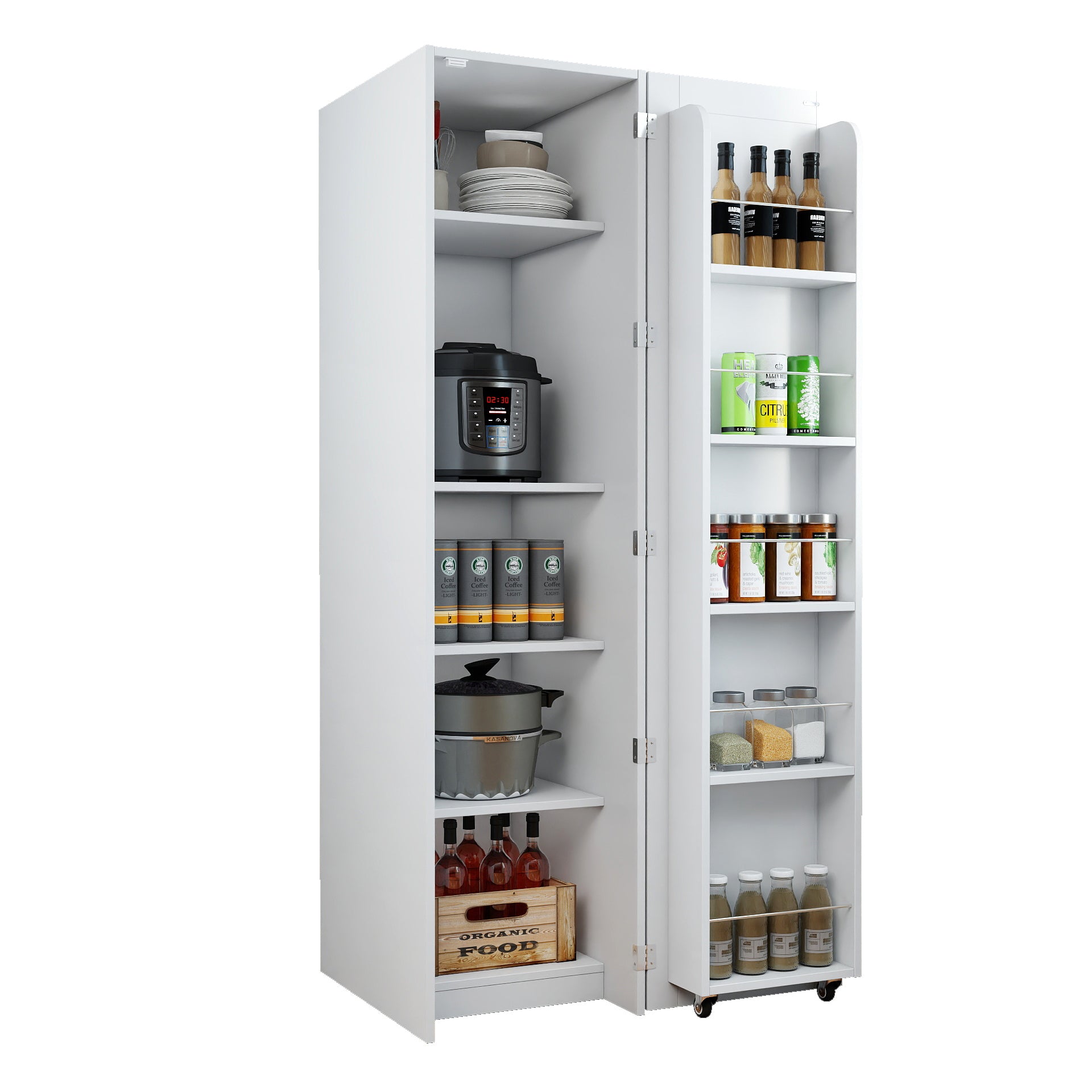 White Kitchen Pantry Cabinet - 5 Shelves Storage