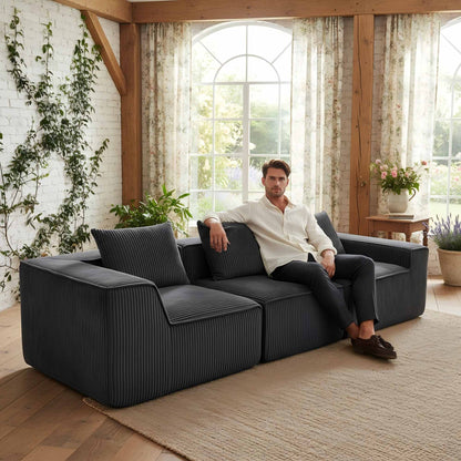 Grey Corduroy 3-Seat Sofa - Soft Foam Cushions, Casual Style for Living Room
