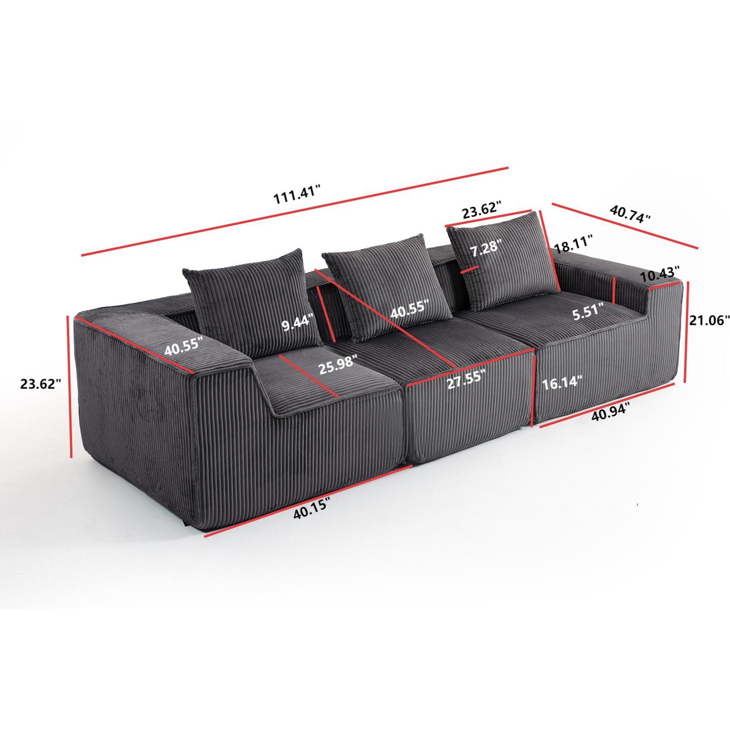 Grey Corduroy 3-Seat Sofa - Soft Foam Cushions, Casual Style for Living Room