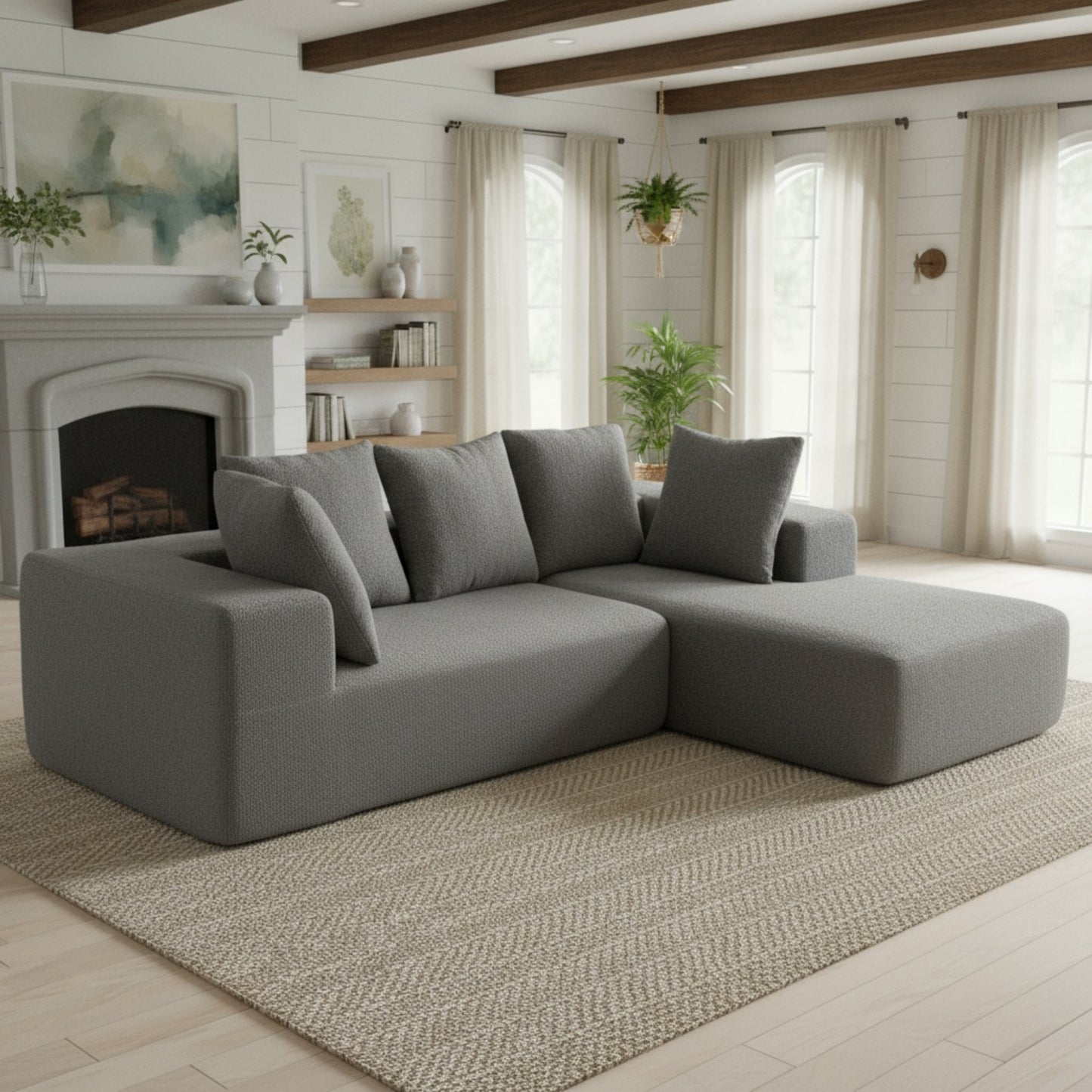 Modern Full Foam Compressed Sofa Set with 5 Throw Pillows - Modular Design, Soft Gray-Blue Upholstery, L-Shaped Sectional for Living Room, 96.46" x 72.83" x 23.03":YKX-33002-Grey Blue