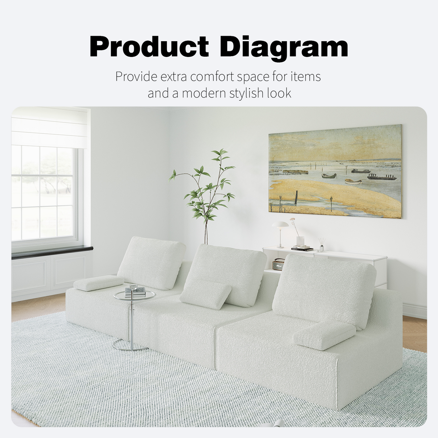 Creamy White Foam Sectional Sofa - 3 Seat Large Sofa