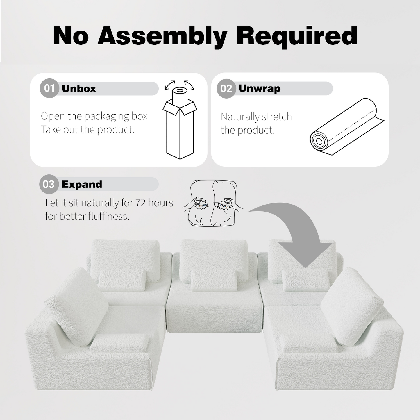 Creamy White Foam Sectional Sofa - 3 Seat Large Sofa