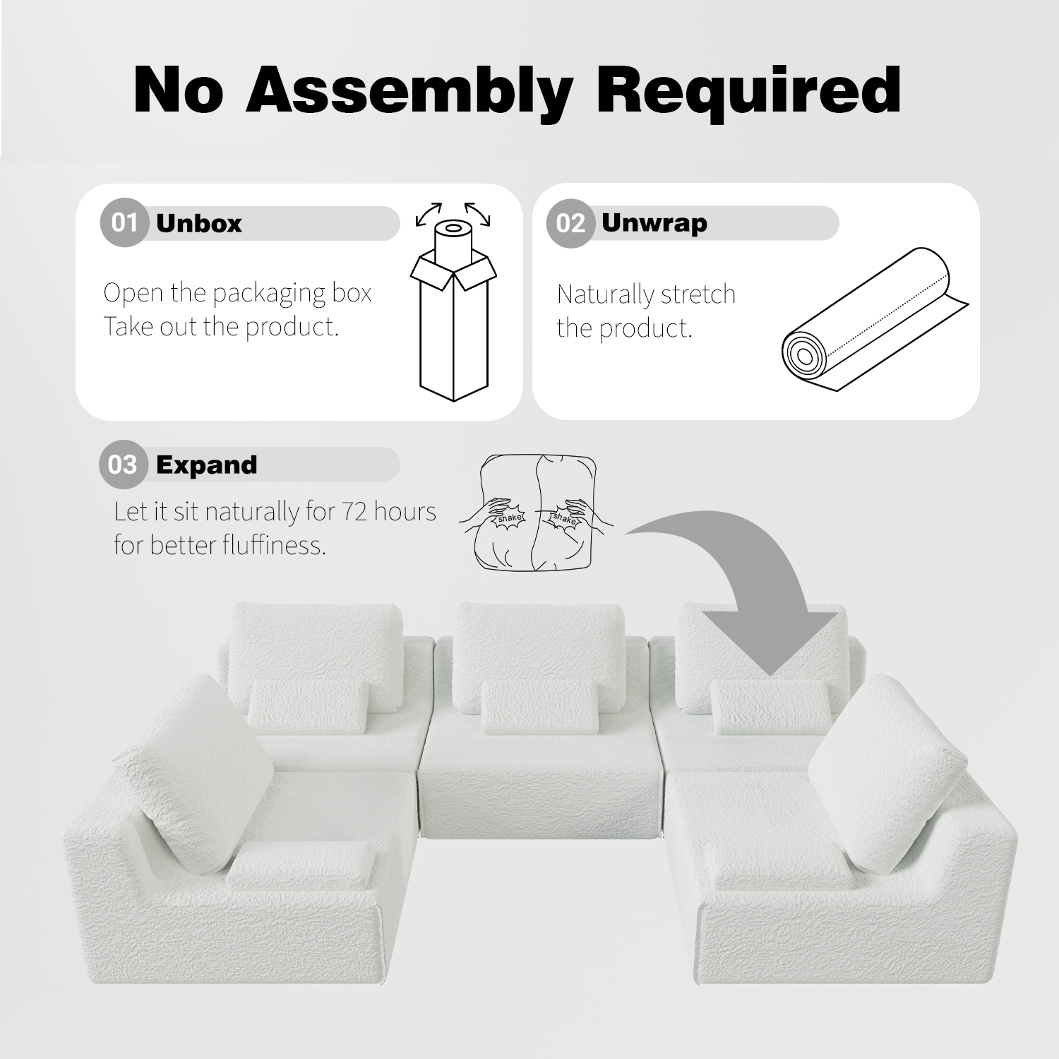 Creamy White Foam Sectional Sofa - 3 Seat Large Sofa