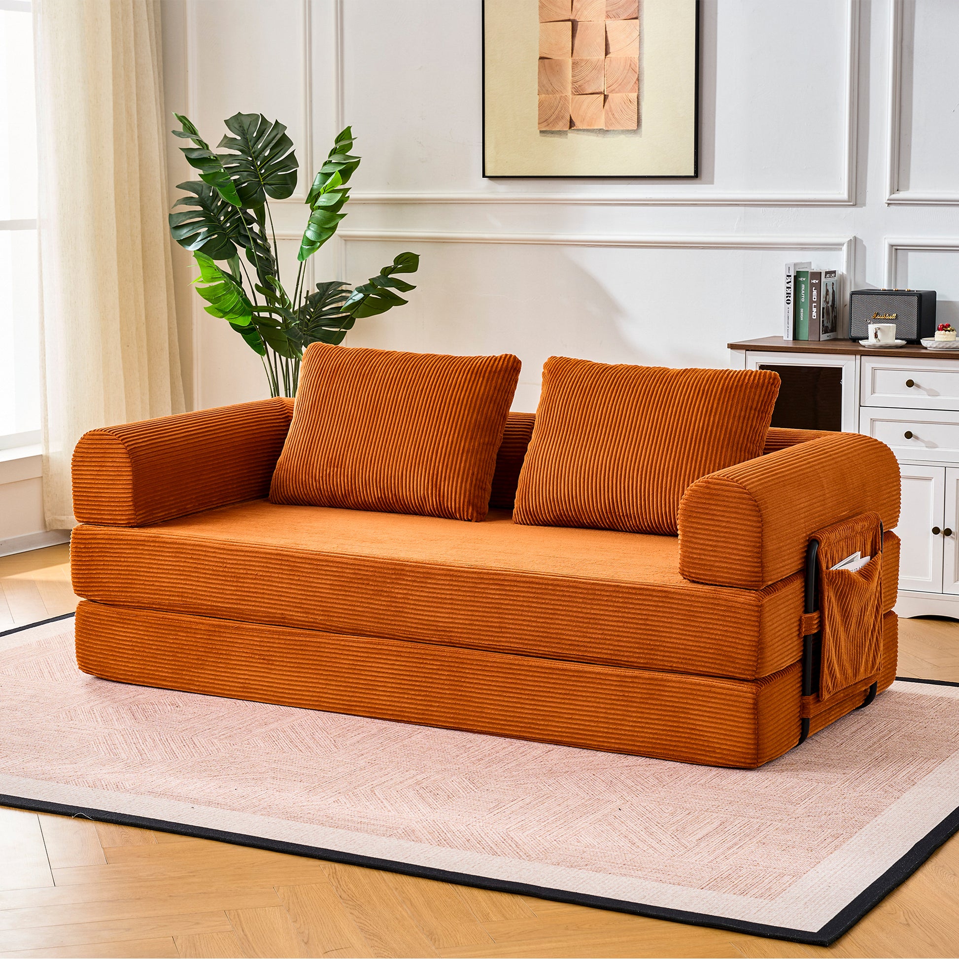 Convertible Sleeper Sofa Bed with Cylindrical Pillow - Corduroy Folding Mattress Couch with Fixed-Shape Frame for Living Room, Bedroom, Lounge, Studio-Orange