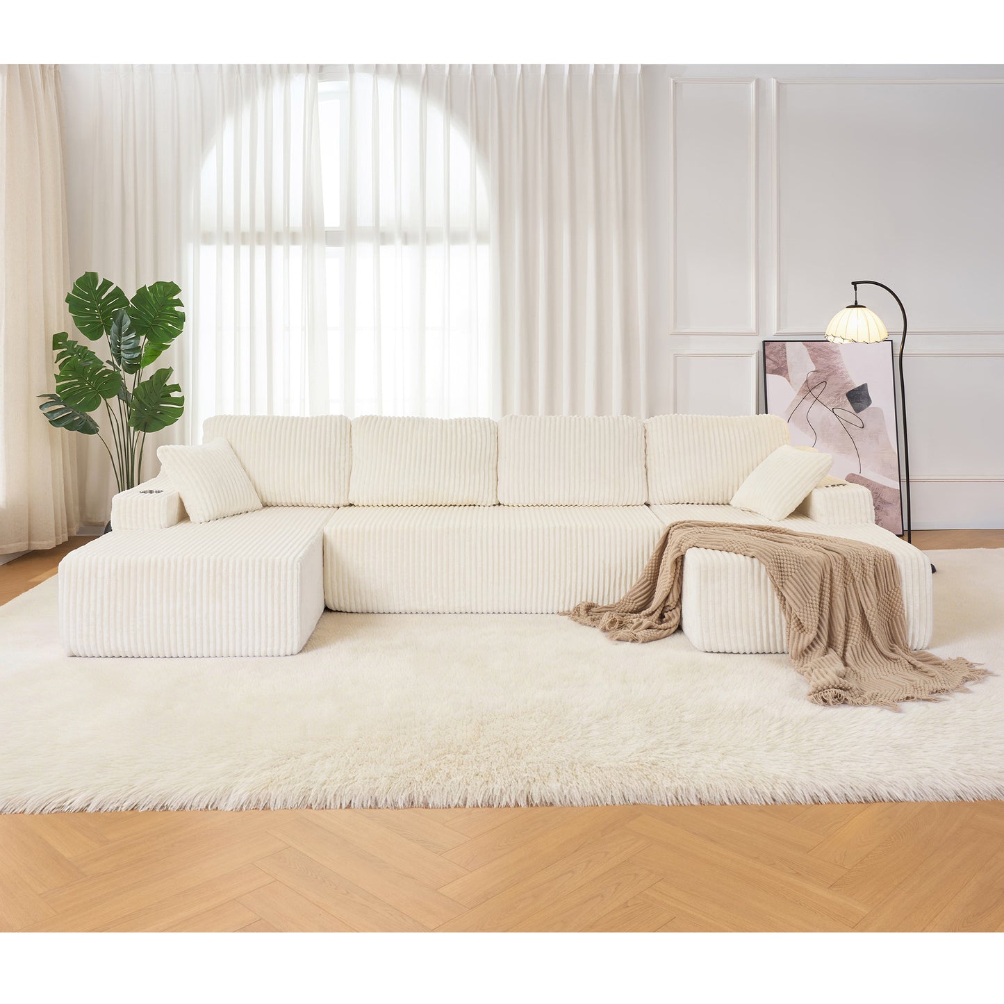 U-Shaped Modular Sectional Sofa, Wide Corduroy Cloud Couch with Pocket Spring & High-Density Foam, 4-Piece Convertible DIY Set with Metal Cup Holders, Storage Pockets & Anti-Slip Backrest-Beige