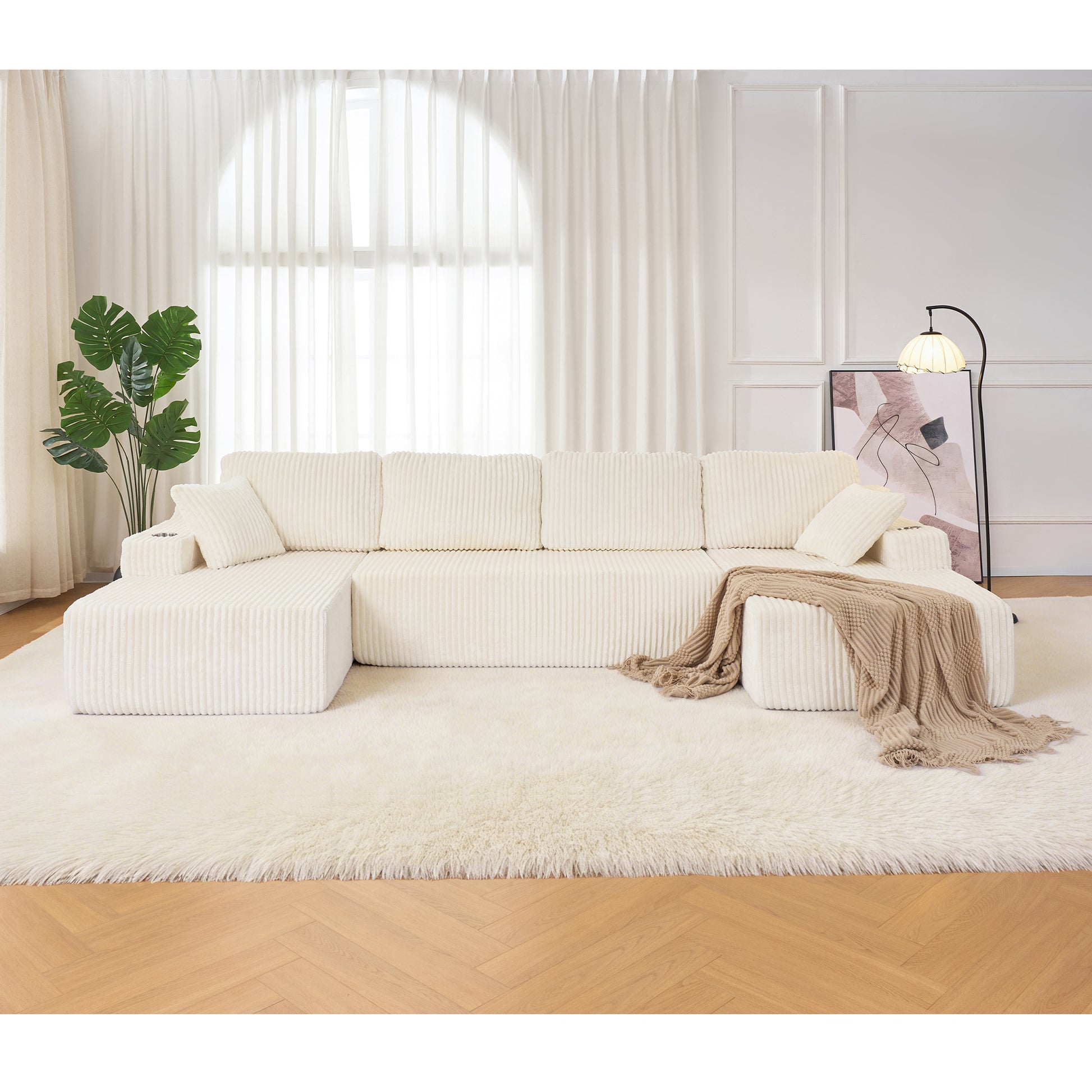 U-Shaped Modular Sectional Sofa, Wide Corduroy Cloud Couch with Pocket Spring & High-Density Foam, 4-Piece Convertible DIY Set with Metal Cup Holders, Storage Pockets & Anti-Slip Backrest-Beige