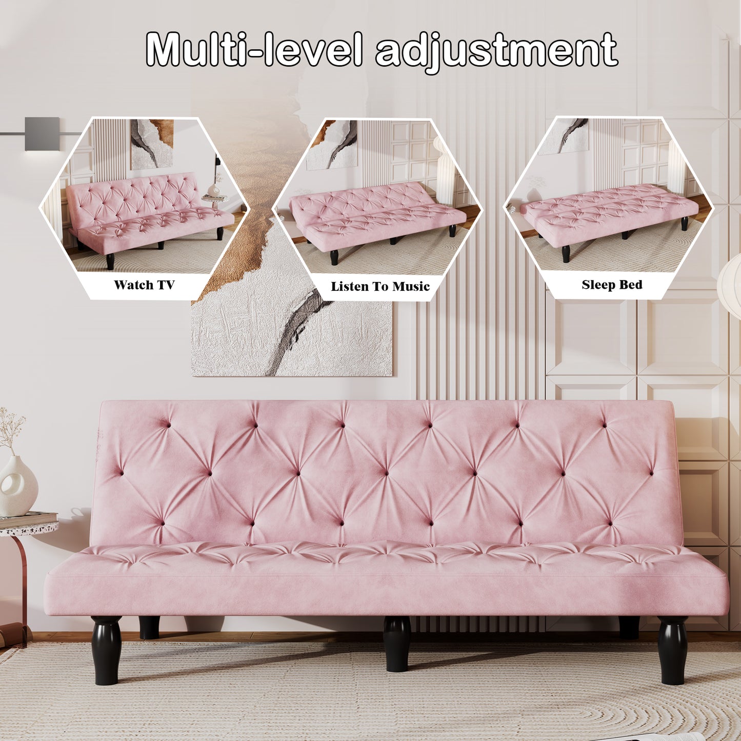 66" Pink Velvet Sofa Bed - Converts to Bed for Living Room