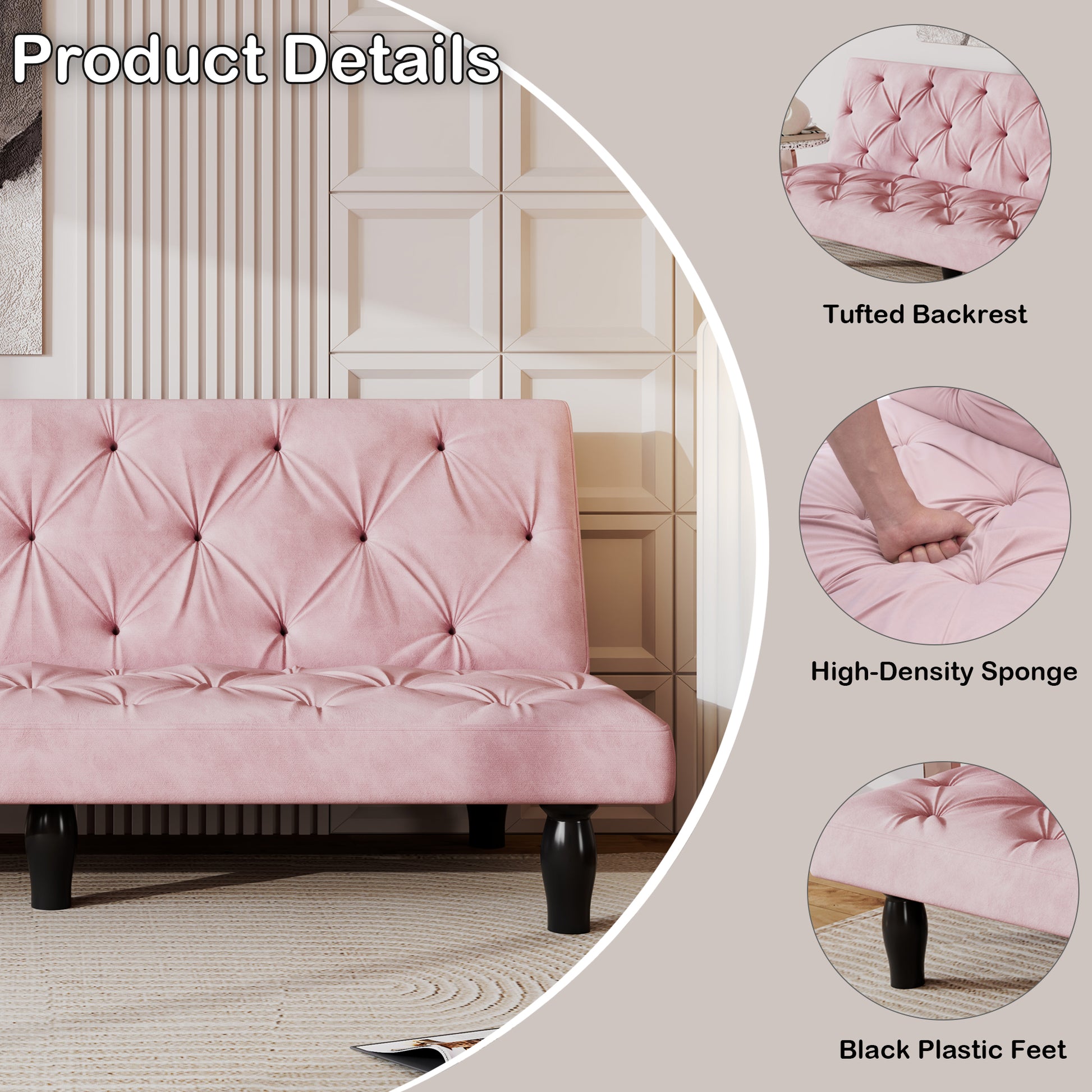 66" Pink Velvet Sofa Bed - Converts to Bed for Living Room