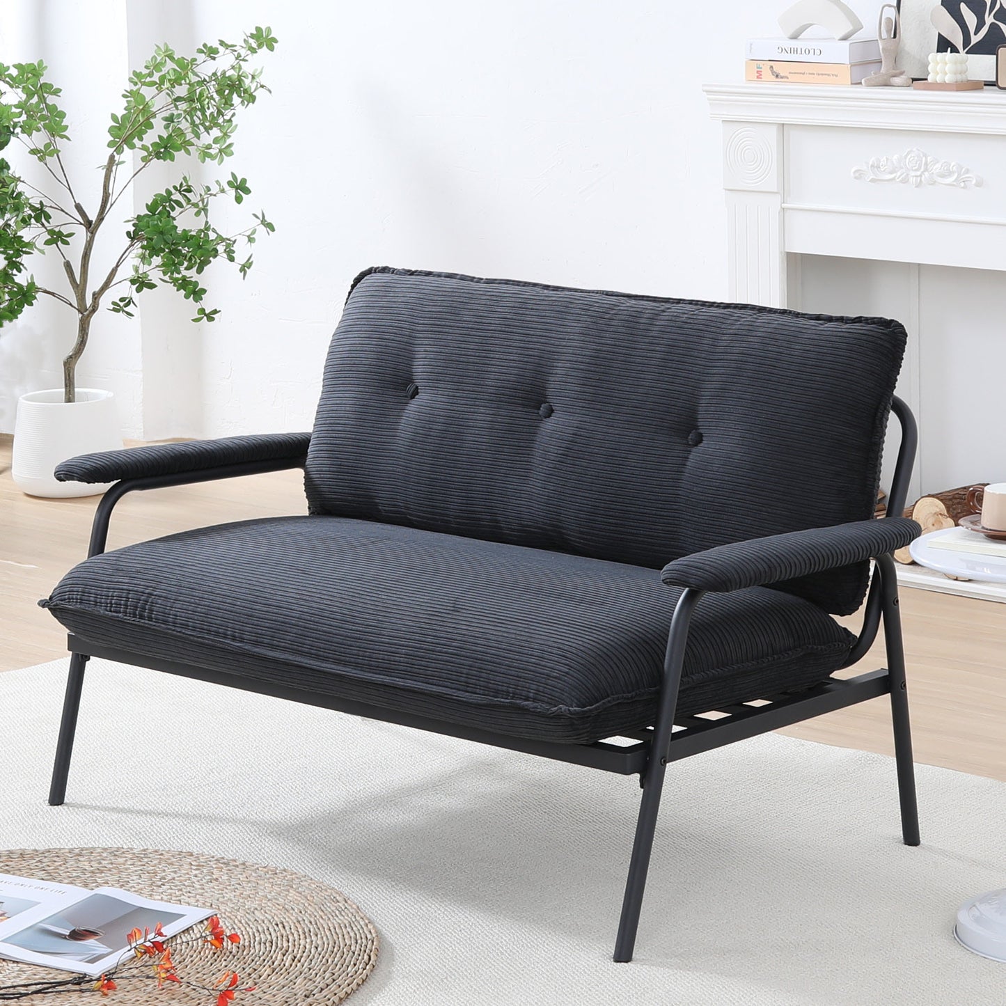 Black Corduroy Sofa - 2 Seat Compact Design for Living Room