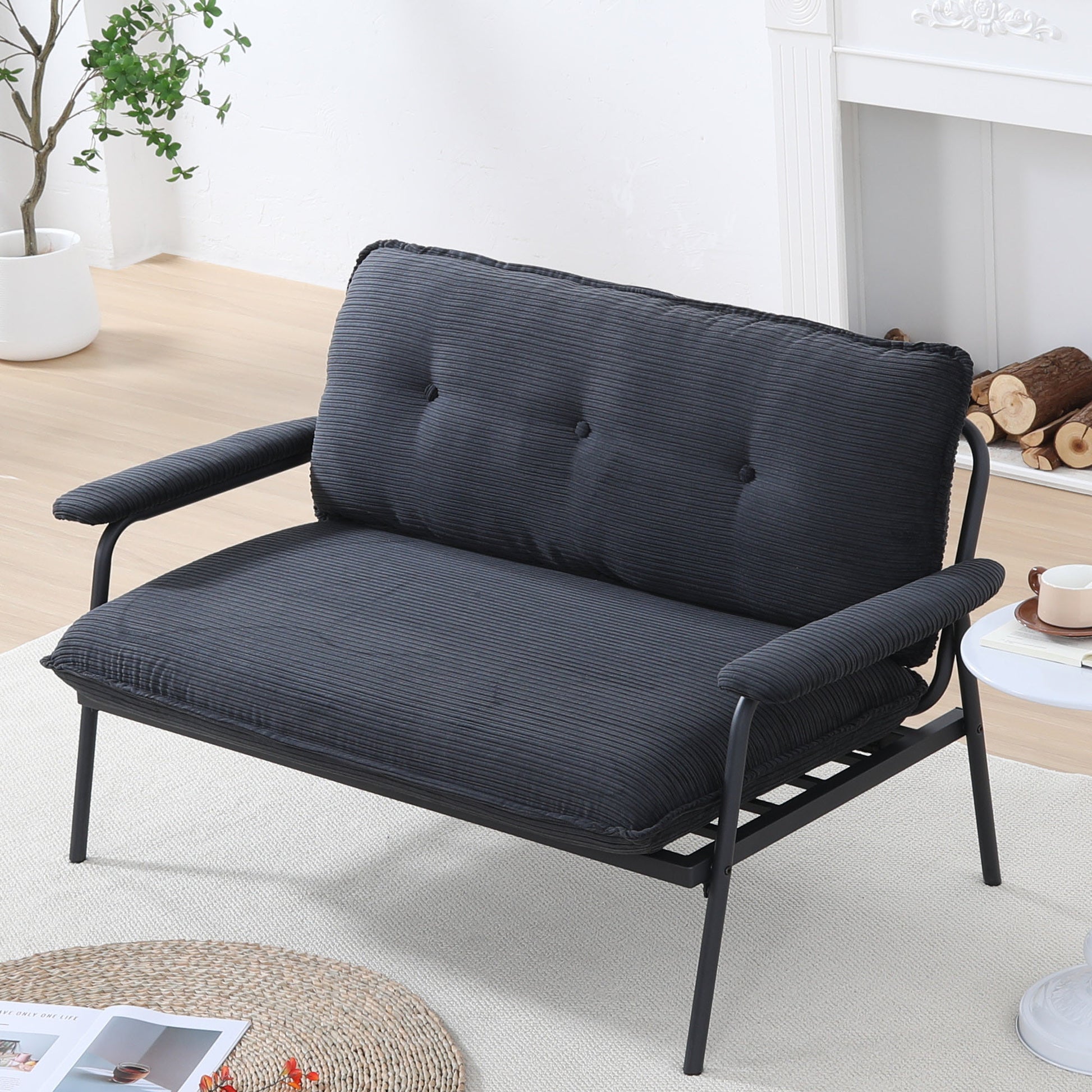 Black Corduroy Sofa - 2 Seat Compact Design for Living Room