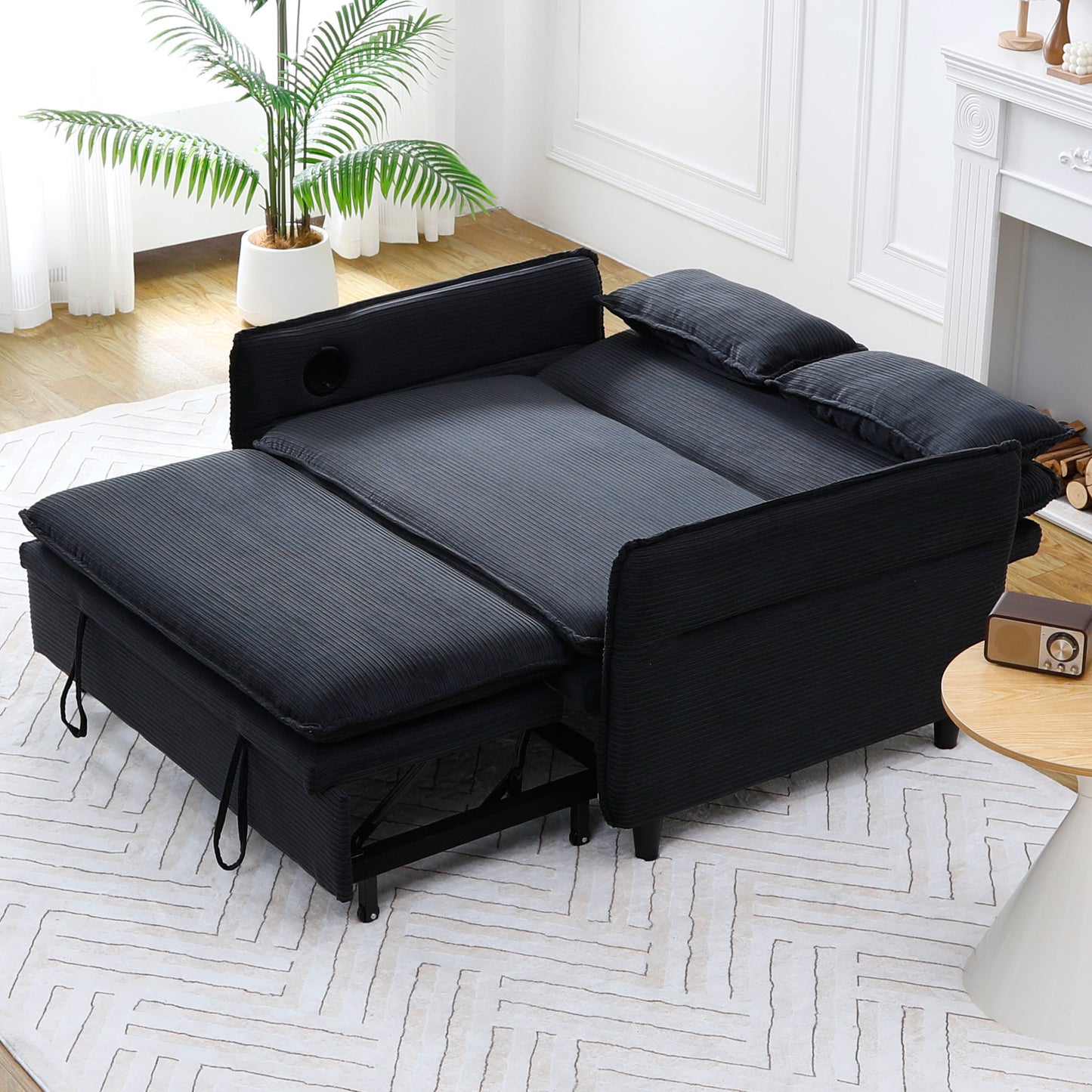 65.74-inch black letter striped fabric multi-functional sofa bed, suitable for bedrooms and living rooms. The armrests and backrests are adjustable.