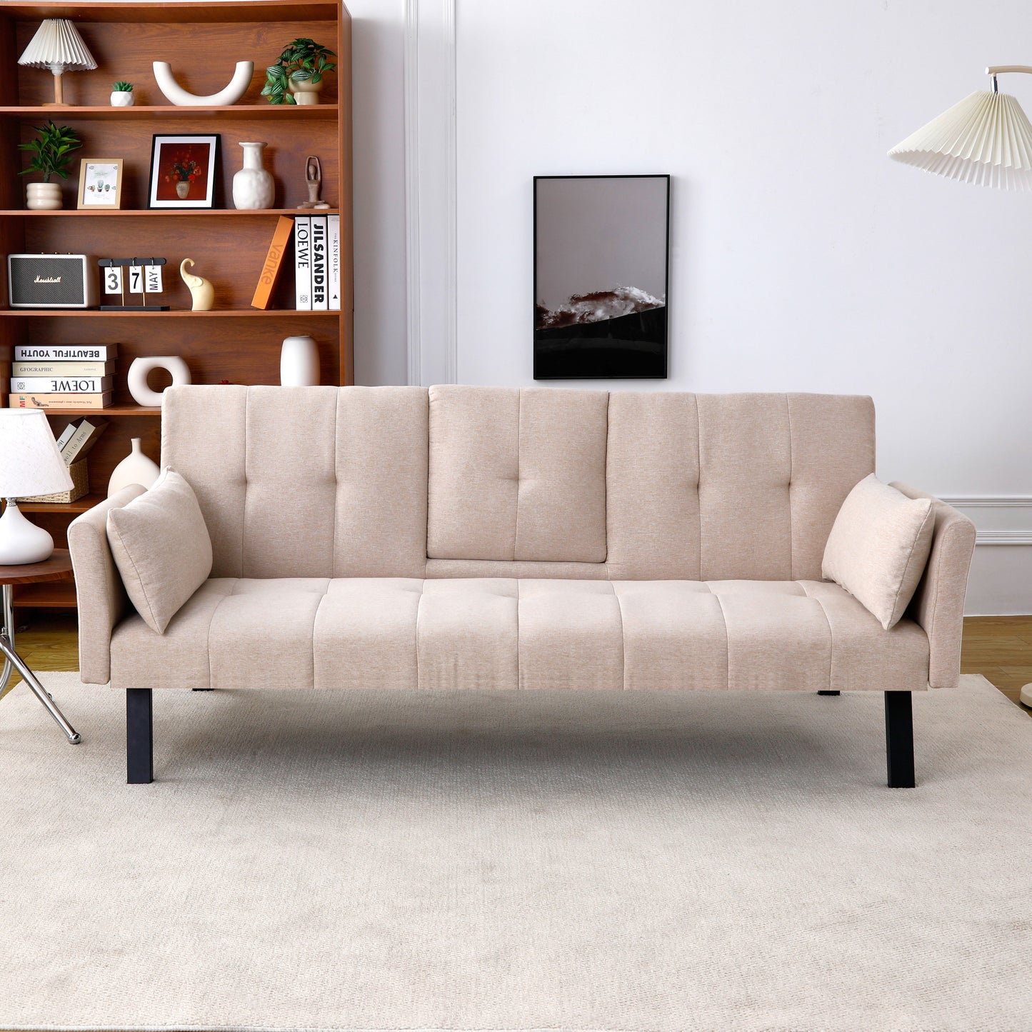 70-inch multi-functional cotton and linen sofa bed: foldable + cup holder + side storage, instantly switch between living room and bedroom