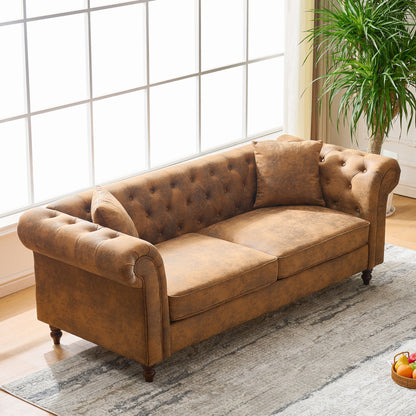 Brown Pine Wood 3-Seater Chesterfield Sofa for Living Room