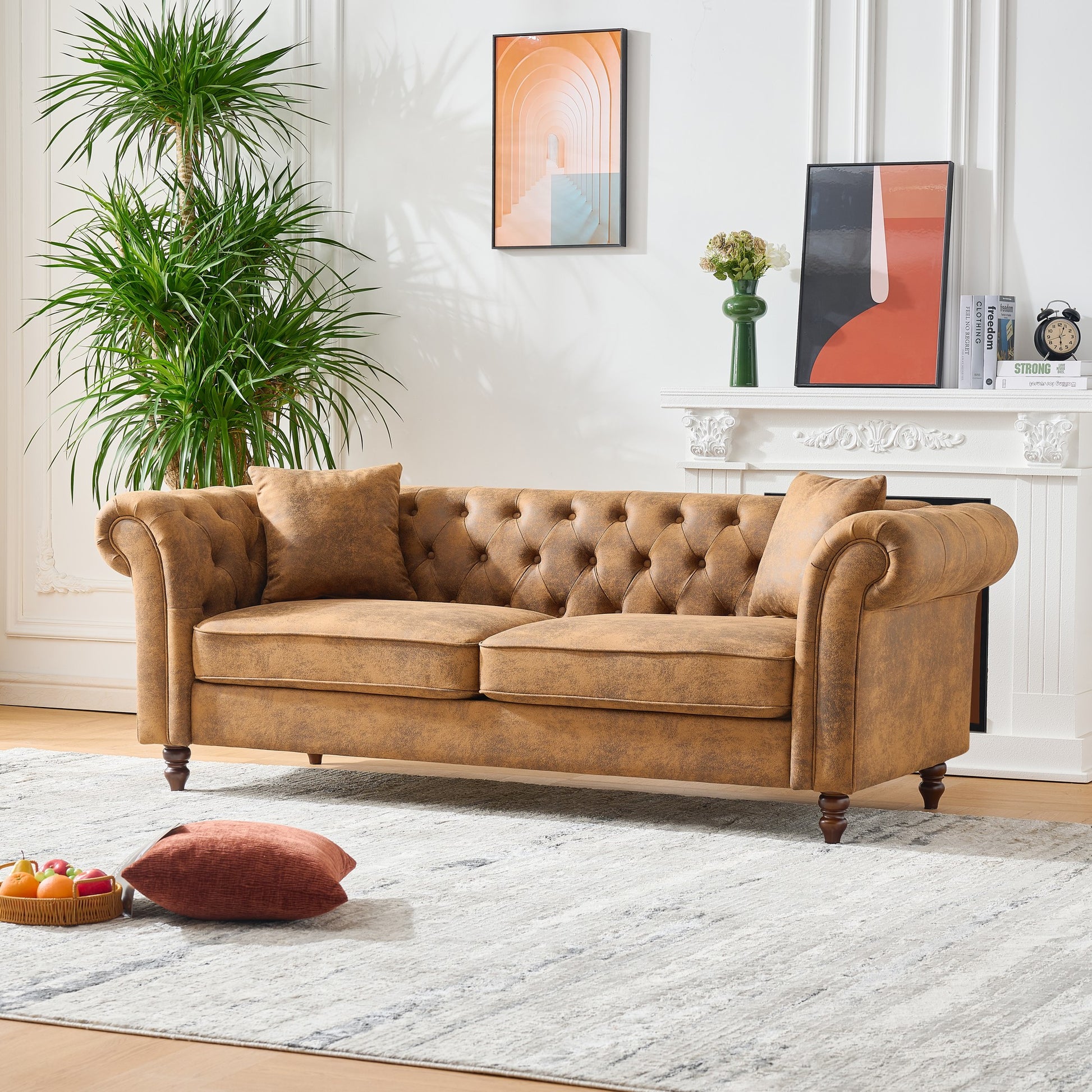 Brown Pine Wood 3-Seater Chesterfield Sofa for Living Room
