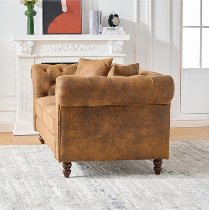 Brown Pine Wood 3-Seater Chesterfield Sofa for Living Room