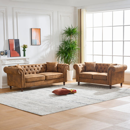 Brown Pine Wood 3-Seater Chesterfield Sofa for Living Room