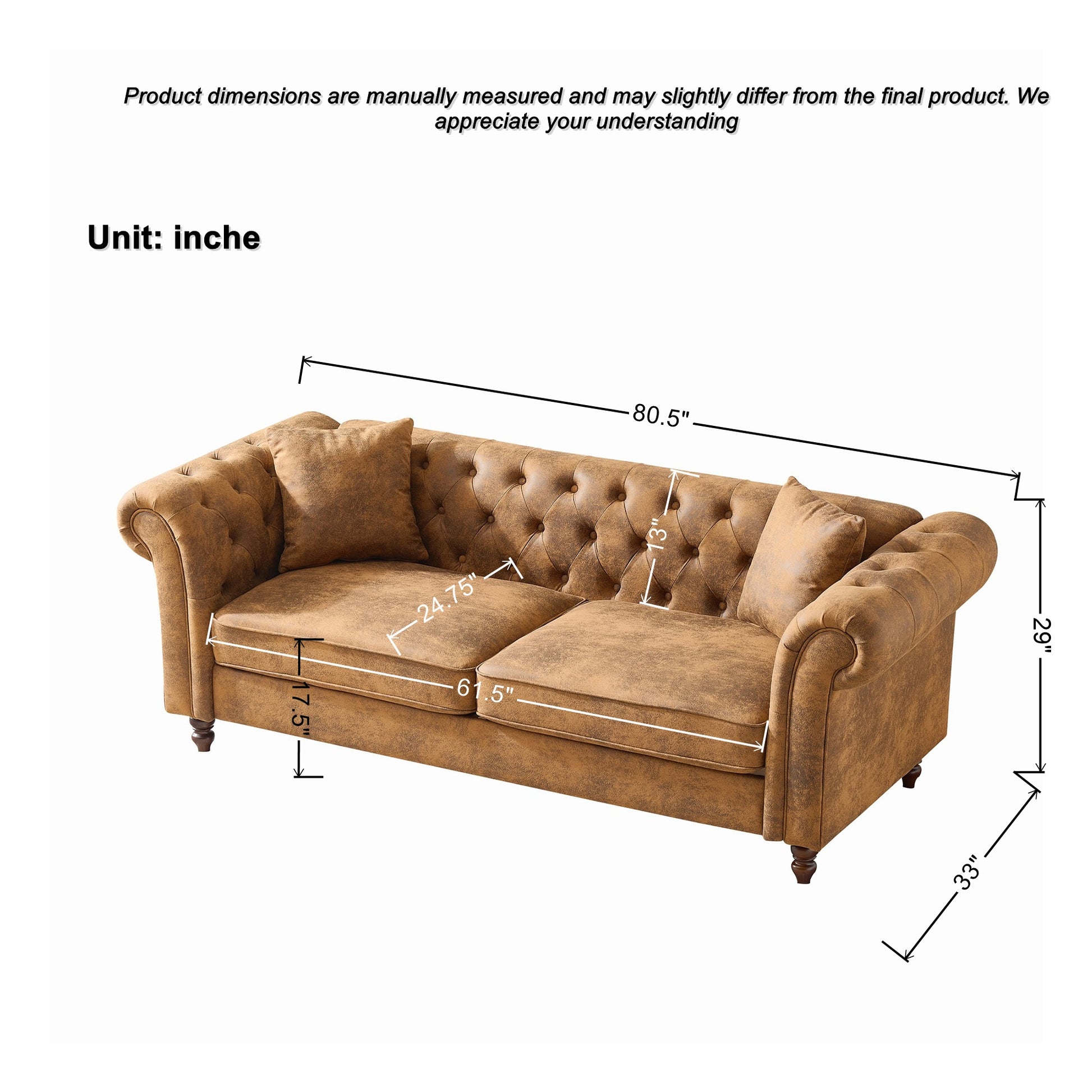 Brown Pine Wood 3-Seater Chesterfield Sofa for Living Room