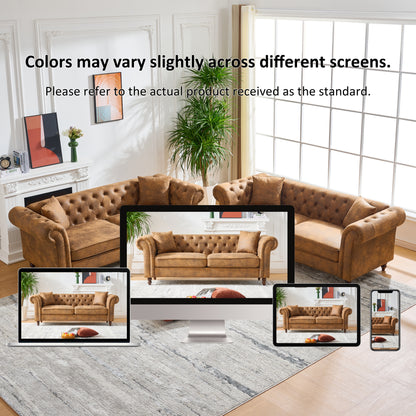 Brown Pine Wood 3-Seater Chesterfield Sofa for Living Room