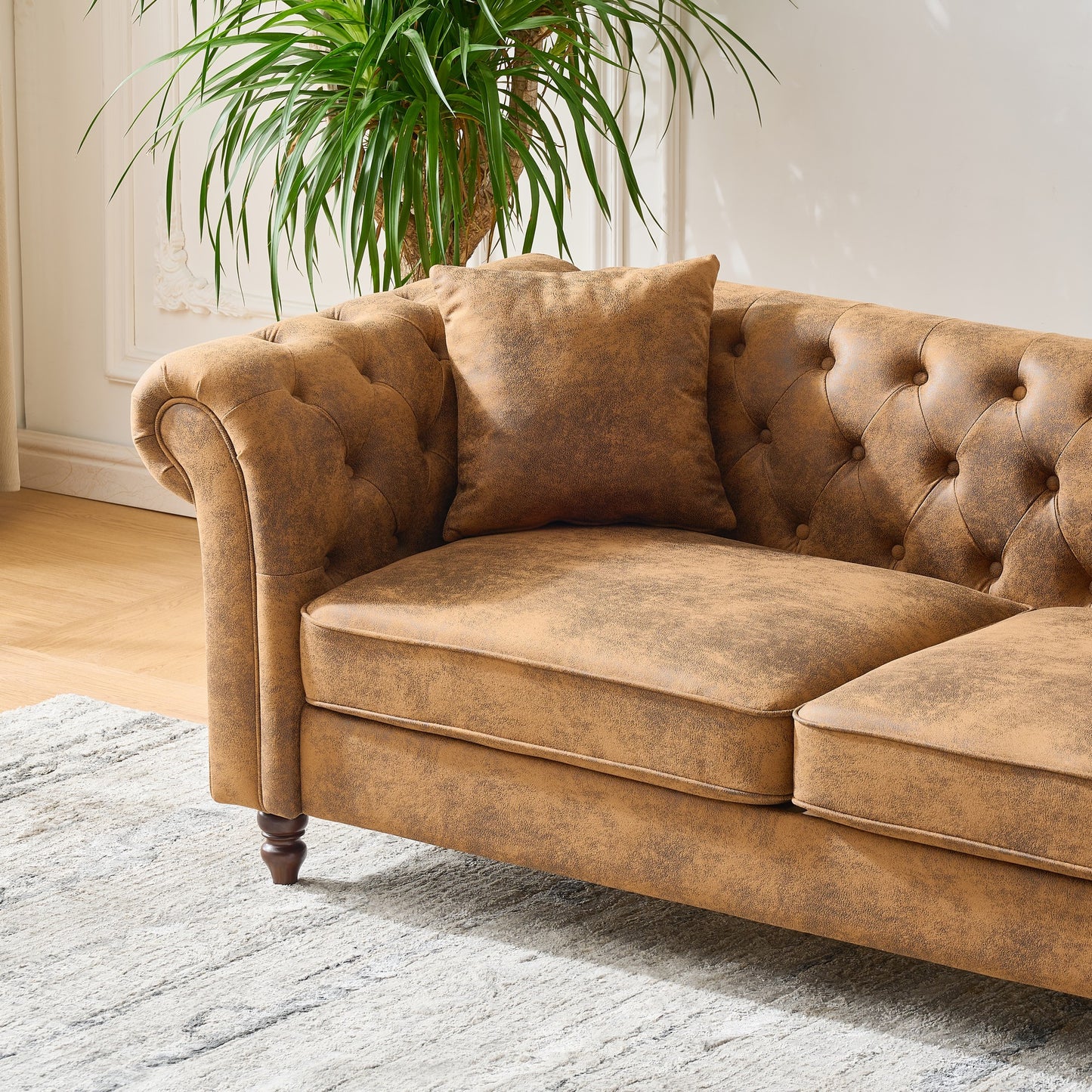 Brown Pine Wood 3-Seater Chesterfield Sofa for Living Room
