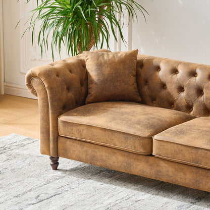 Brown Pine Wood 3-Seater Chesterfield Sofa for Living Room