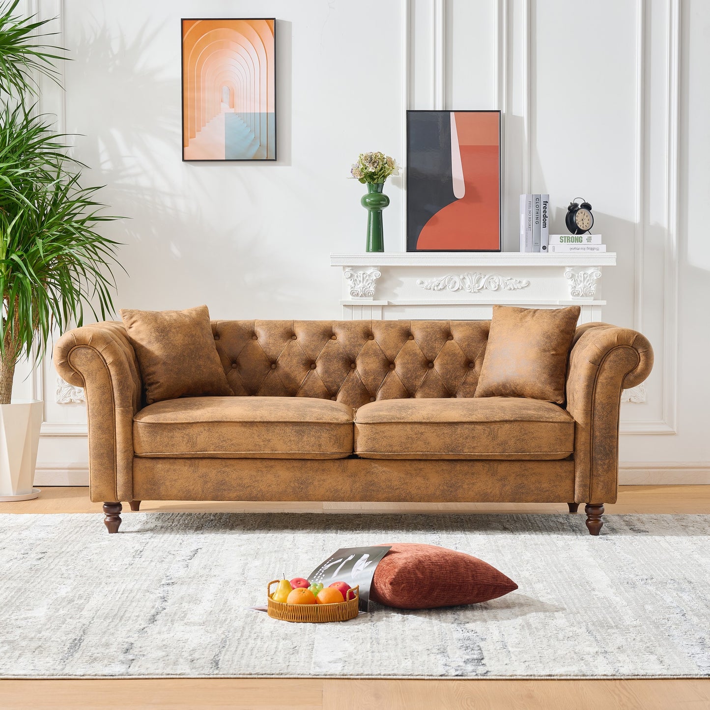 80"Chesterfield ‌tech Fabric Sofa,High-tech Fabric Roll Armrest Sofa,Upholstered Mid Century Modern Couch,3 Seater Couch for Living Room, Office, Apartment, Brown.
