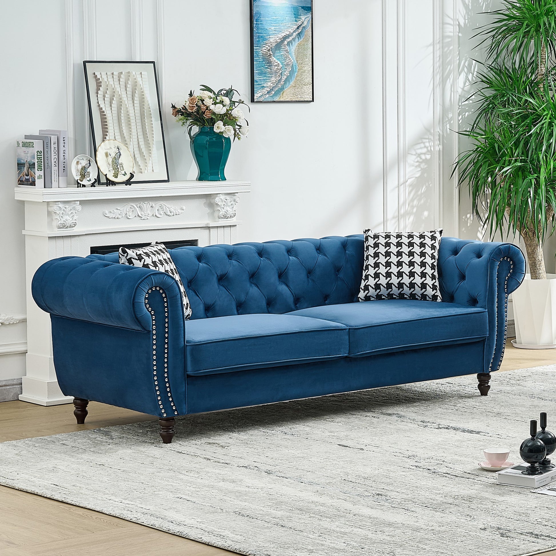 Blue Velvet 3-Seater Sofa with Pine Wood Frame for Living Room