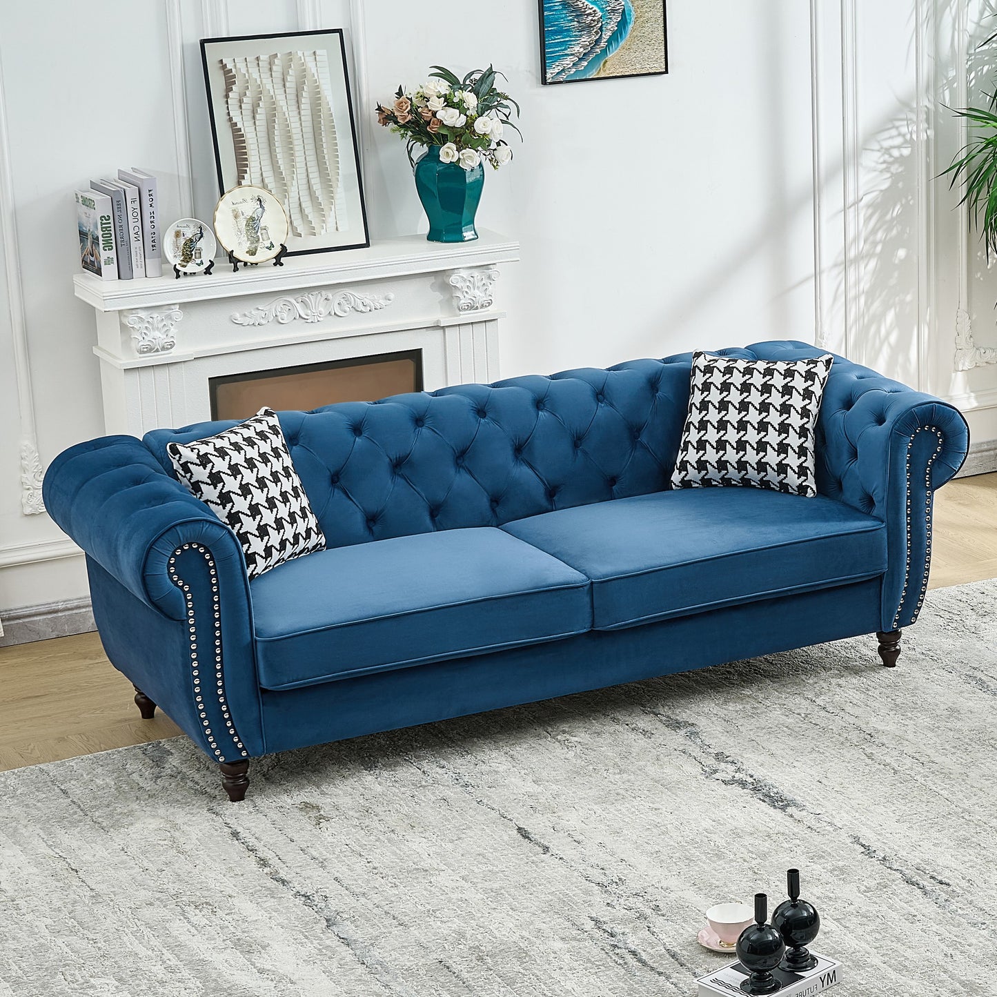 Blue Velvet 3-Seater Sofa with Pine Wood Frame for Living Room