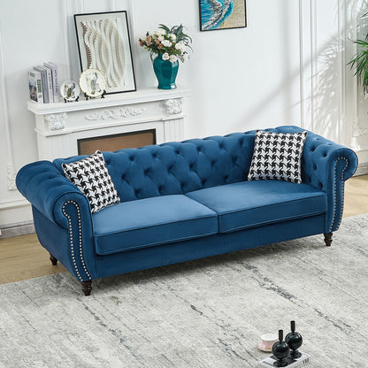 Blue Velvet 3-Seater Sofa with Pine Wood Frame for Living Room