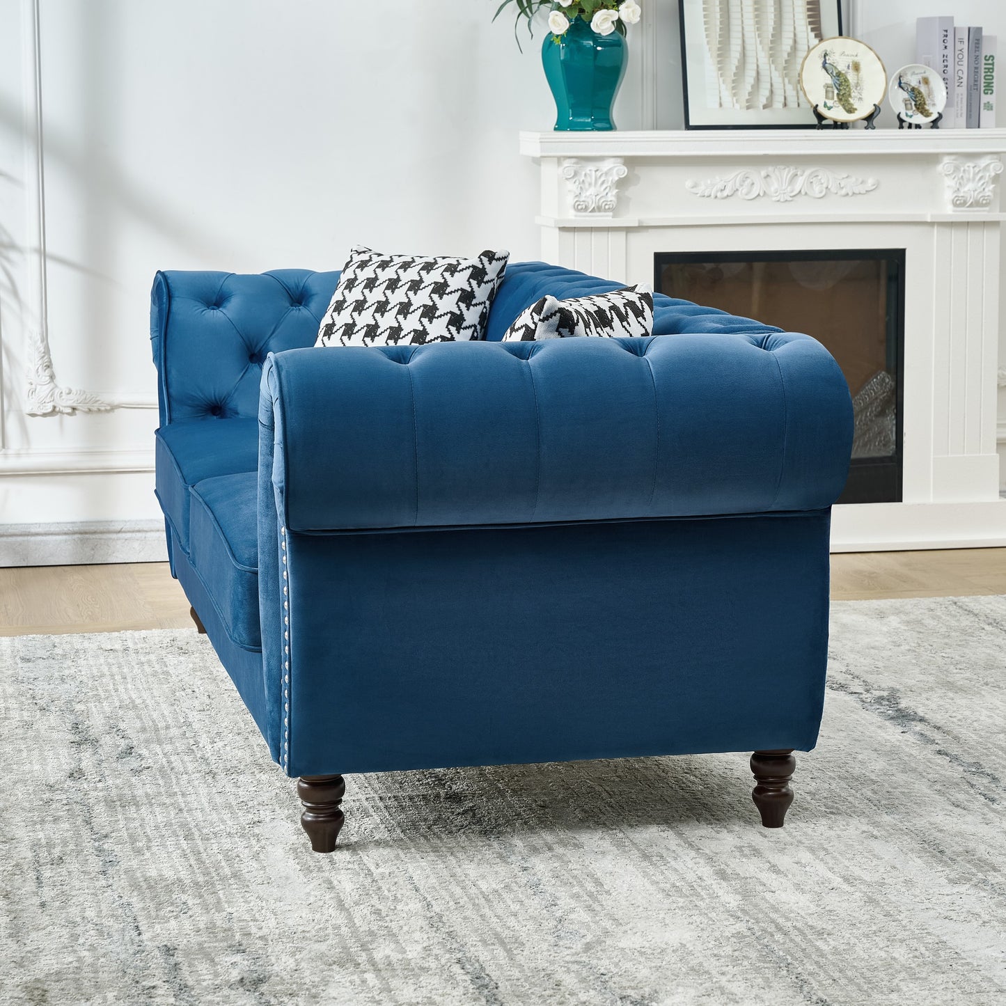 Blue Velvet 3-Seater Sofa with Pine Wood Frame for Living Room