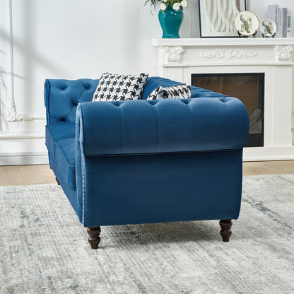 Blue Velvet 3-Seater Sofa with Pine Wood Frame for Living Room