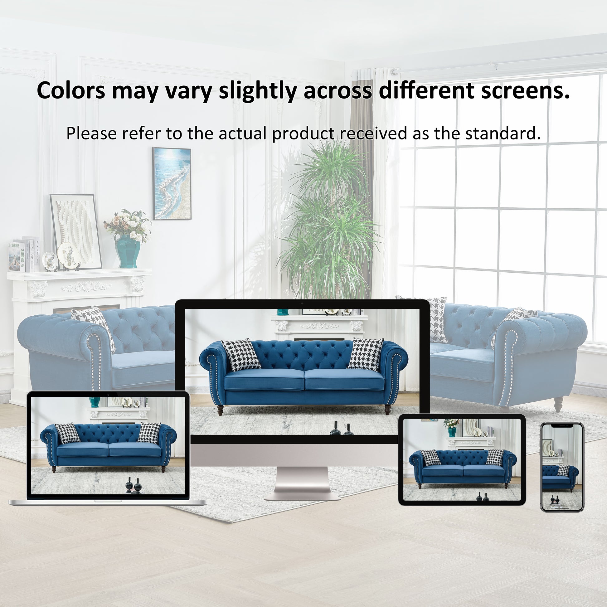 Blue Velvet 3-Seater Sofa with Pine Wood Frame for Living Room