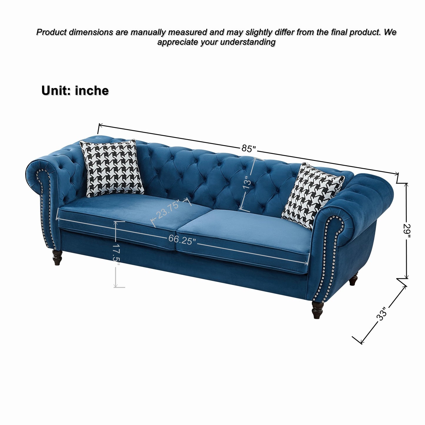 Blue Velvet 3-Seater Sofa with Pine Wood Frame for Living Room