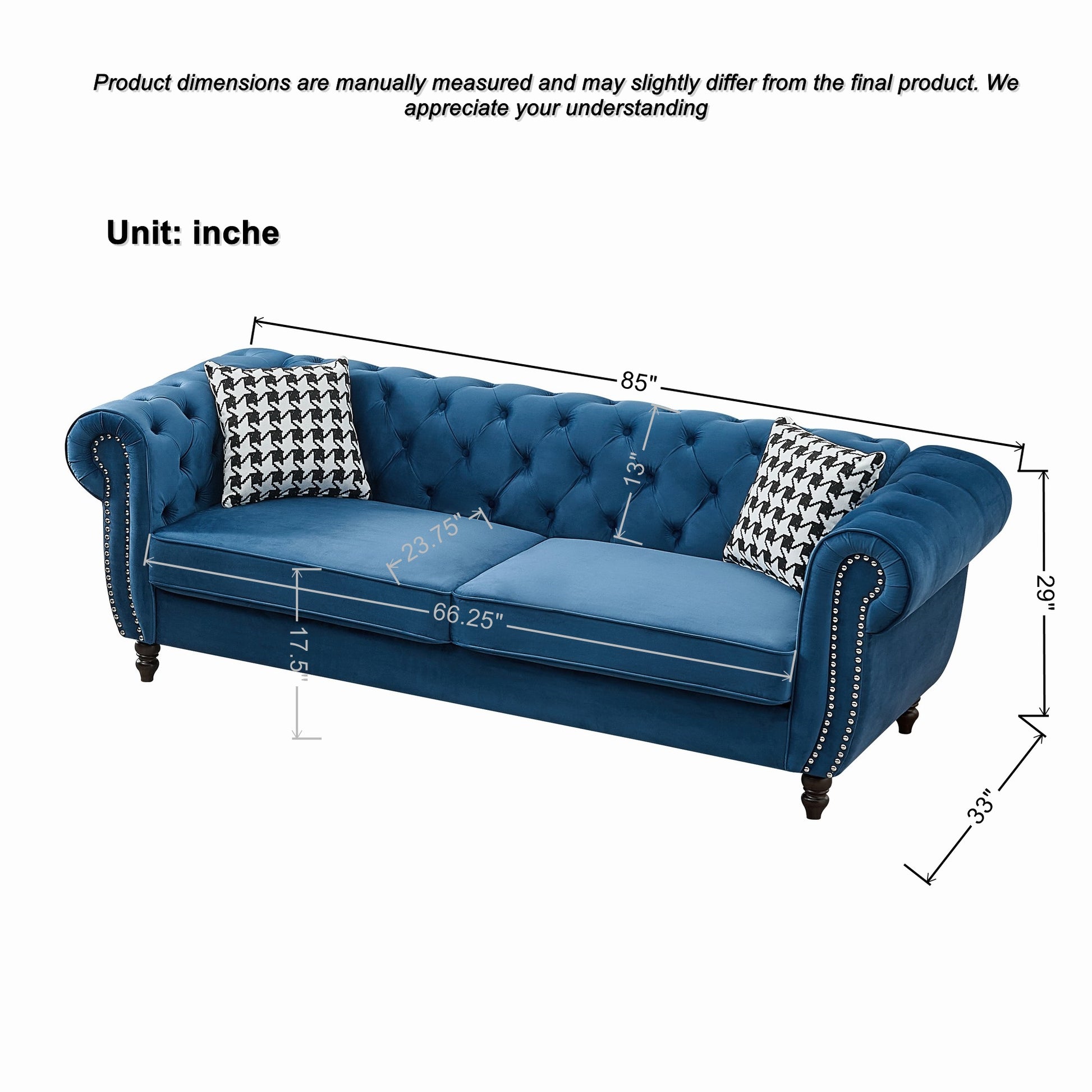 Blue Velvet 3-Seater Sofa with Pine Wood Frame for Living Room