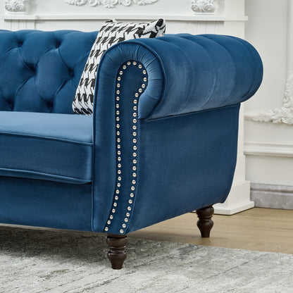 Blue Velvet 3-Seater Sofa with Pine Wood Frame for Living Room